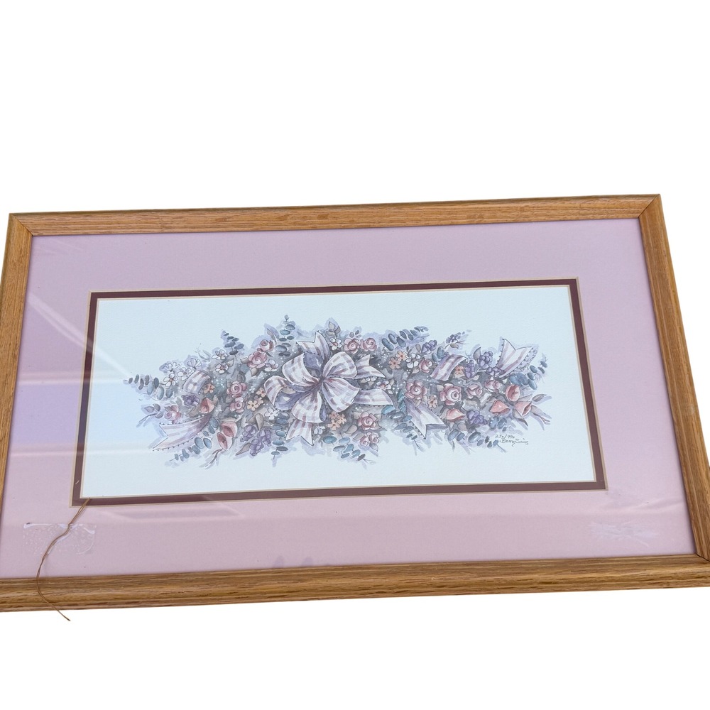 Betty Sims Signed Numbered Floral Watercolor Print Oak Frame 230/990 Pink 20x12